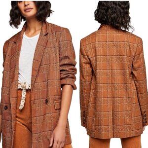 Free People Sporty Girl Uptown Blazer Caramel Brown Plaid Long Lines Size XS